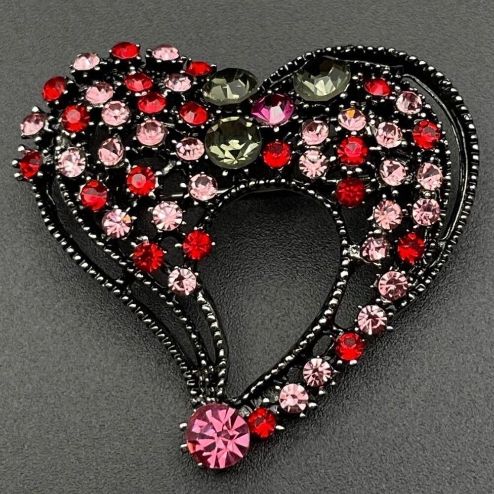 Gunmetal Gray with Ruby Pink Sapphire and Olivine Crystal Heart Pin Back Brooch